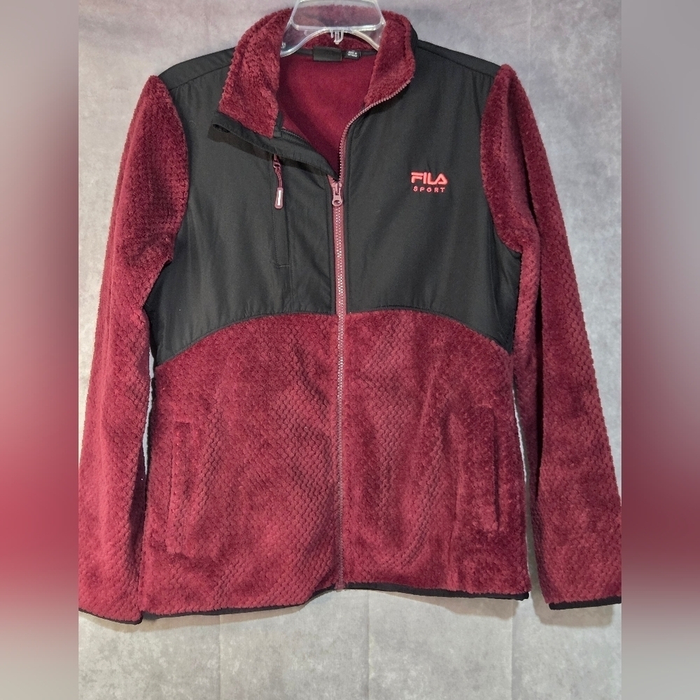 Fila Sport Long Sleeve Full Zip Fleece Jacket Burgundy Black Logo Womens MED EUC